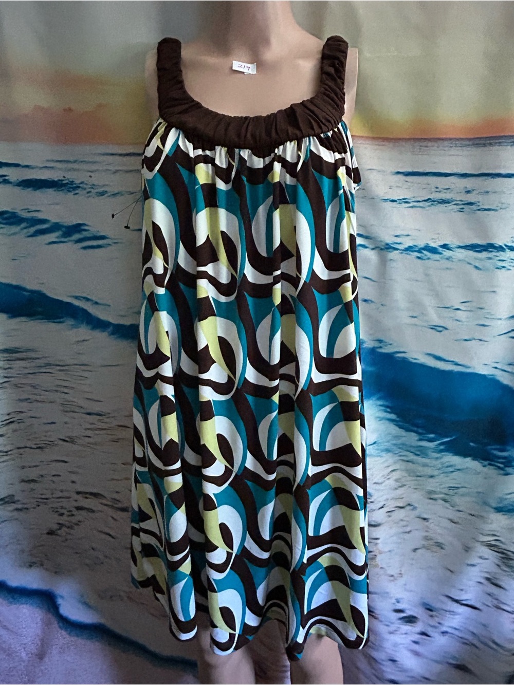 Forever Women’s Sleeveless Retro Circle Print Sundress in Teal & Brown MD